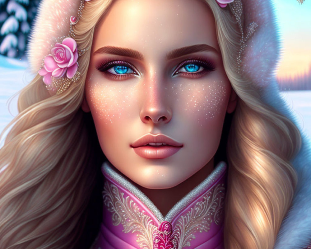 Digital portrait of a woman with icy blue eyes in winter attire with pink floral patterns.