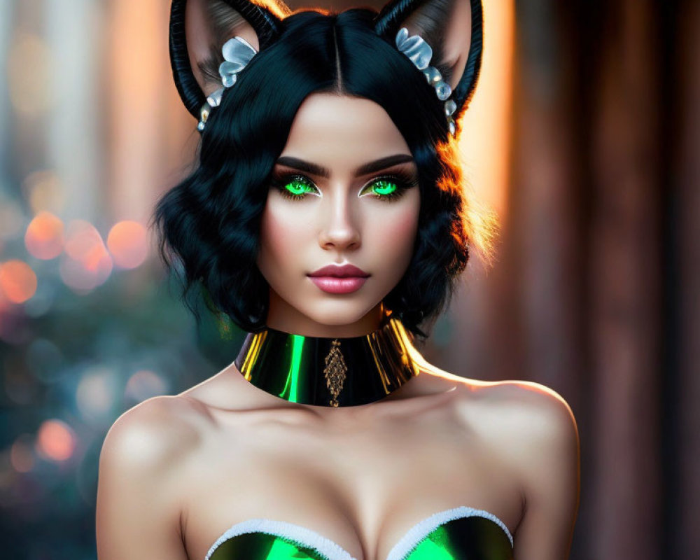 Digital art portrait of woman with cat ears and green eyes in forest setting