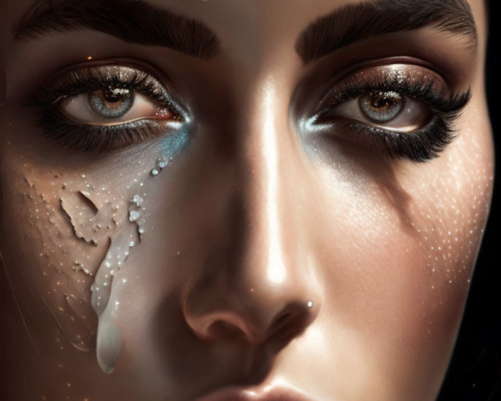 Detailed digital painting of woman's face with creative makeup and blue glitter splash