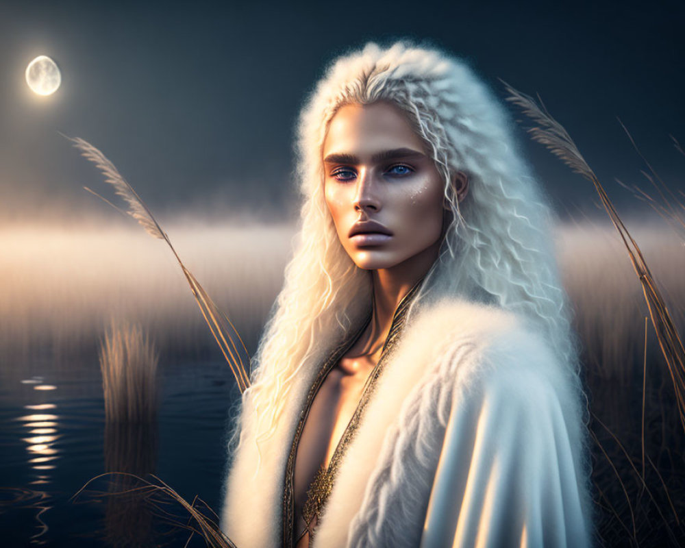 Digital Artwork: Pale-Haired Figure in Fur Among Moonlit Reeds