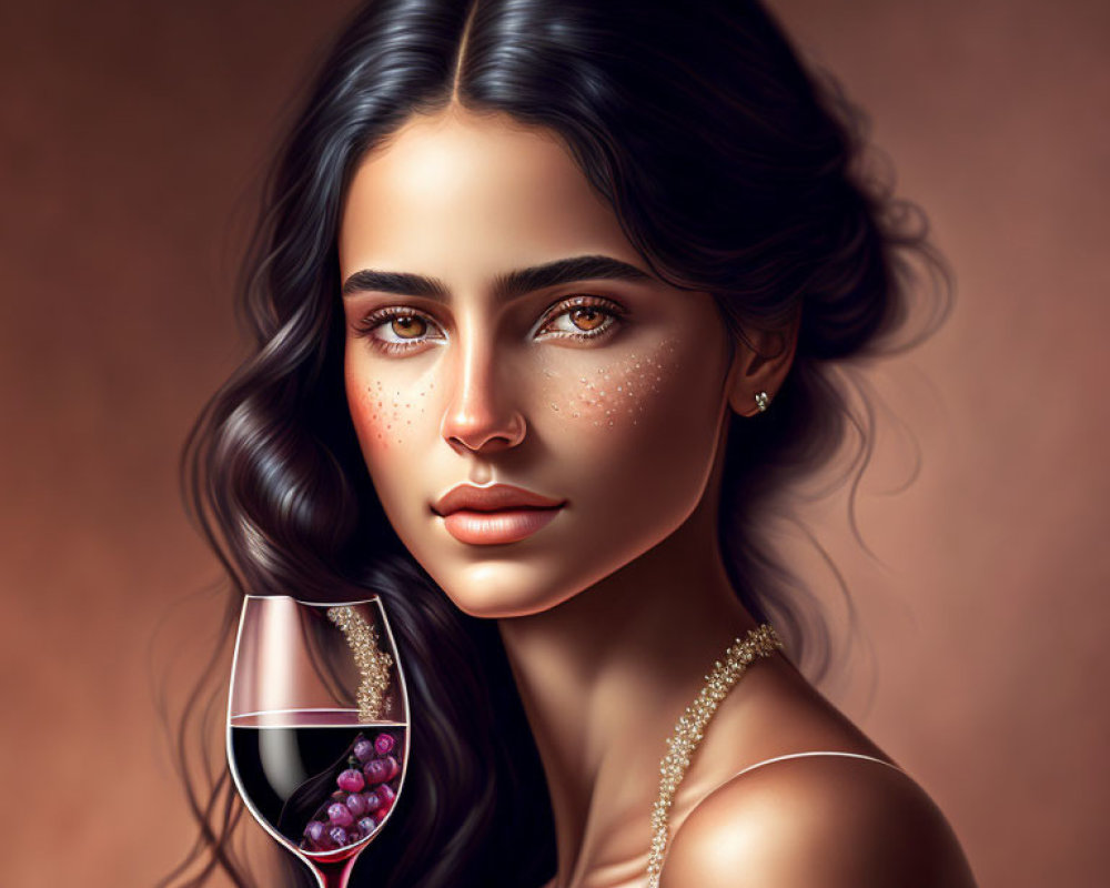 Dark-haired woman with wine glass and grapes on warm background