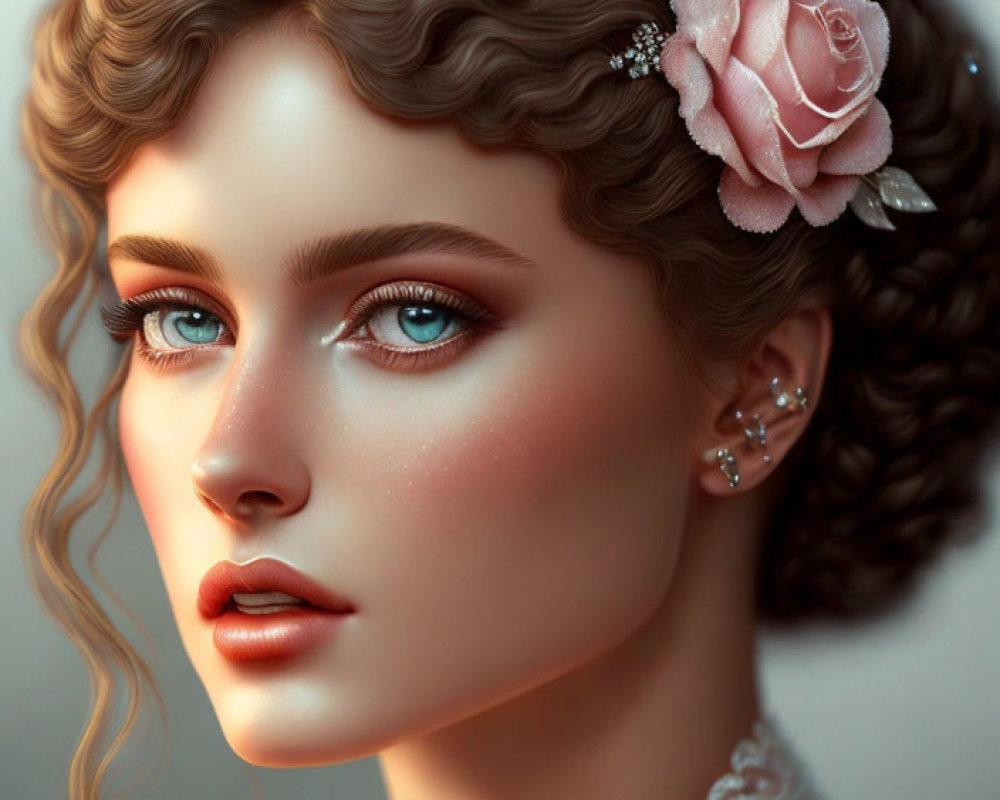 Detailed digital portrait of a woman with intricate curly hair and a pink flower accessory.