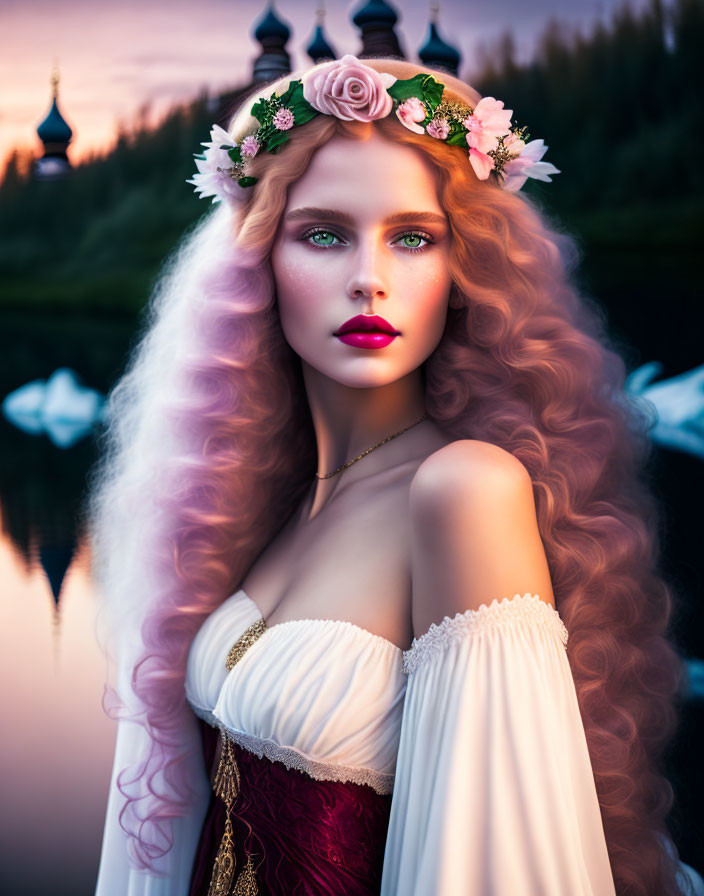 Woman with long, curly hair and floral crown by lake at dusk with swans