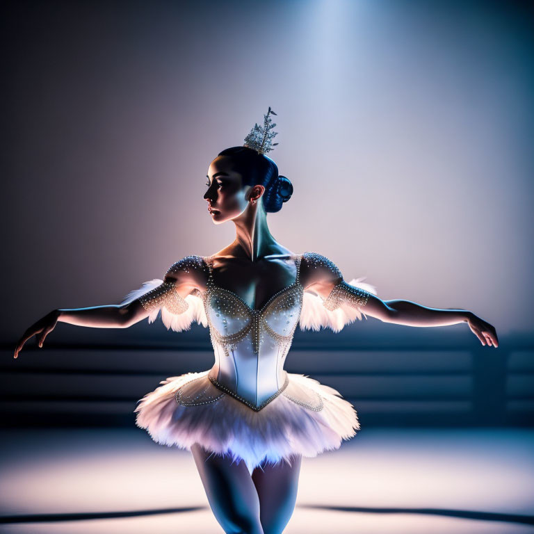 Ballet dancer in white tutu and tiara on pointe with dramatic lighting