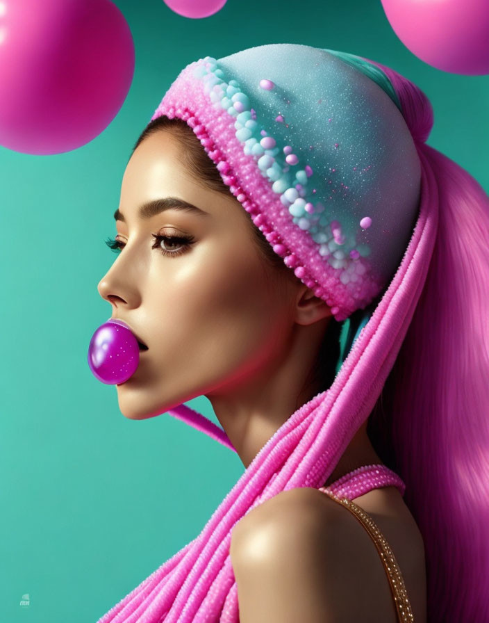 Pink-haired woman blowing bubble gum bubble on teal background with floating spheres