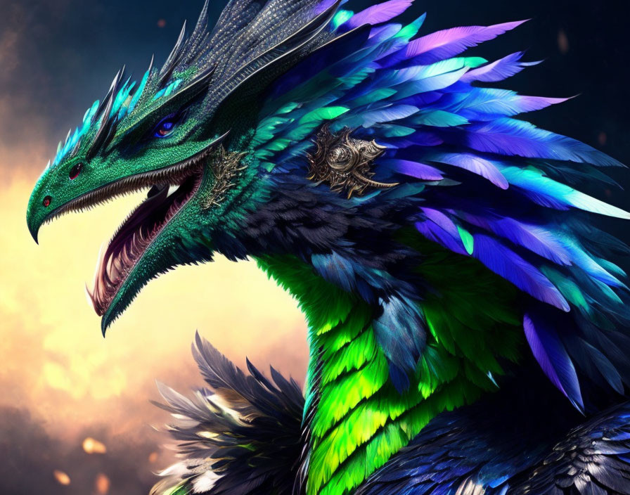 Vibrant blue and green mythical dragon against fiery backdrop