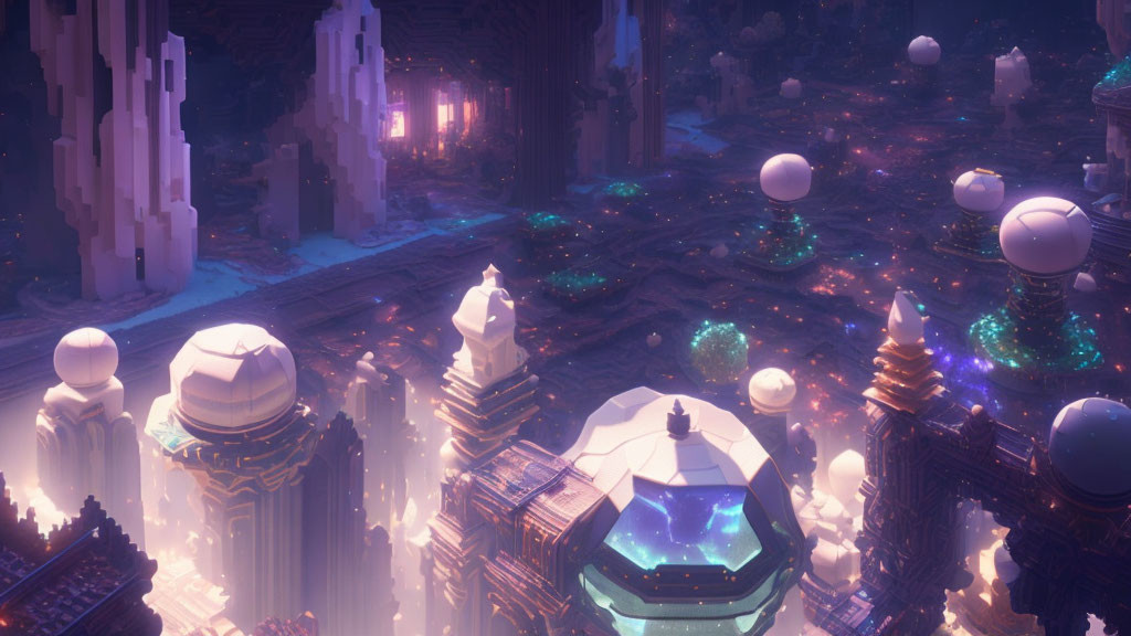 Fantastical Landscape with Crystalline Structures and Glowing Orbs