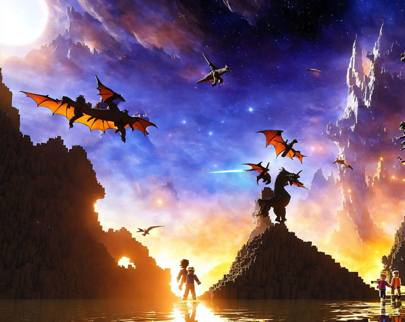 Dragons perched on rocks under cosmic sky with human figures