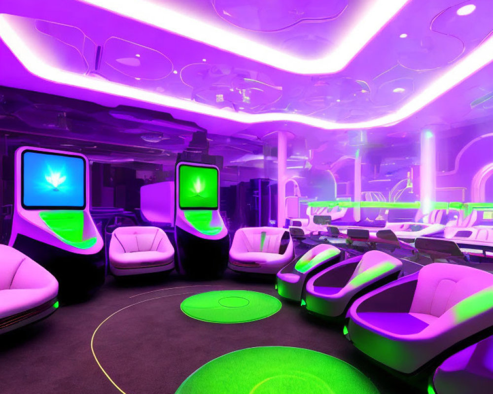Futuristic interior with purple and green neon lighting and modern chairs.