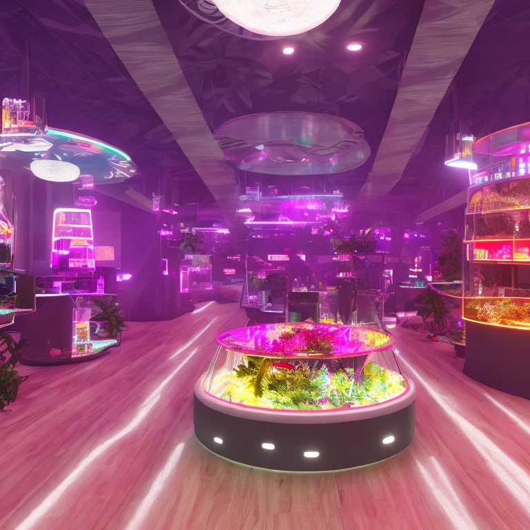 Futuristic interior design with purple lighting, mirrored ceiling, circular plant displays, and illuminated products on