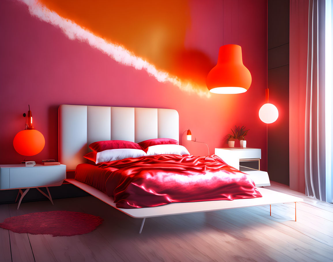 Stylish modern bedroom with red-pink glow, satin bedding, fluffy rug