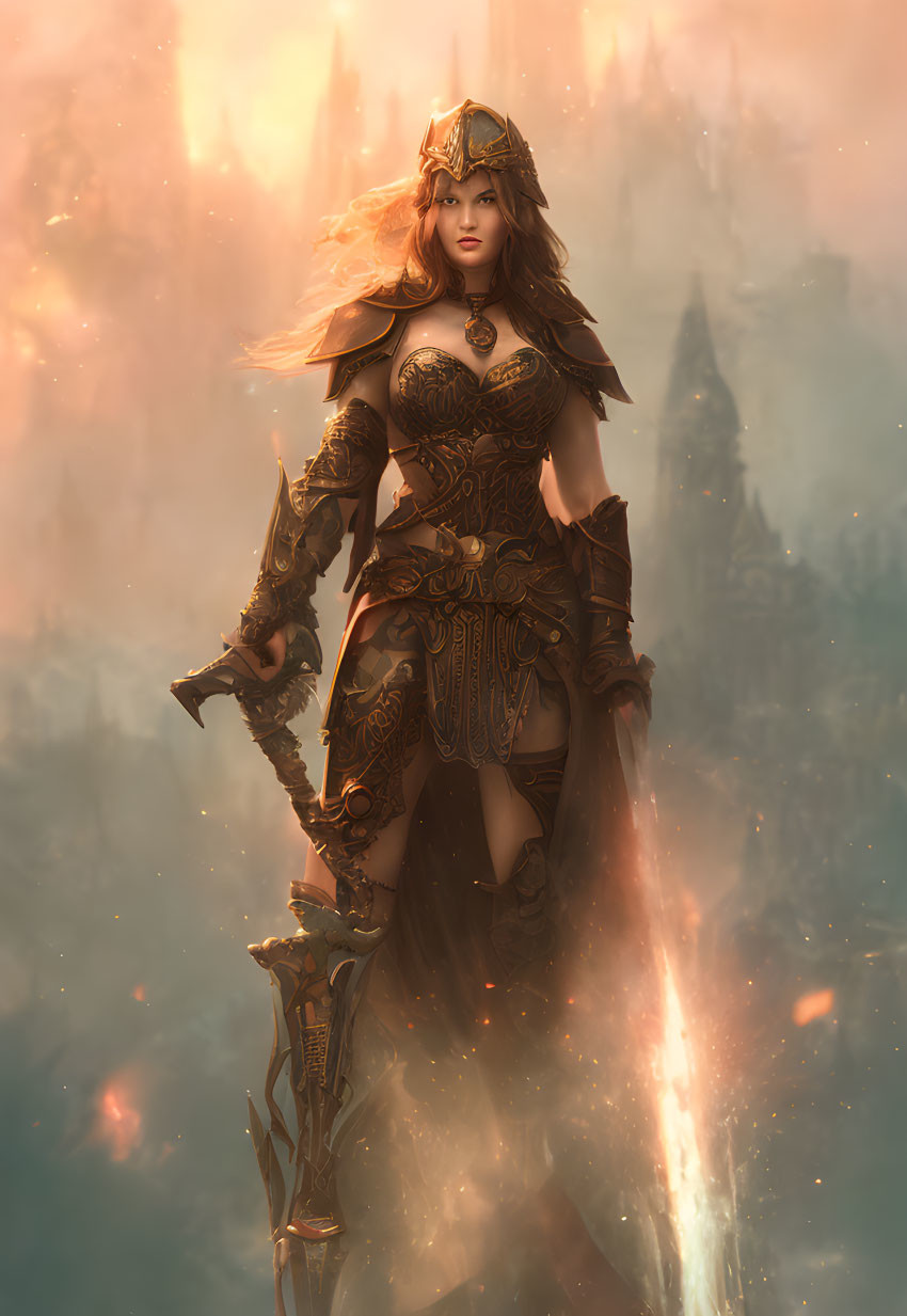 Female warrior in ornate armor with sword in fantasy cityscape