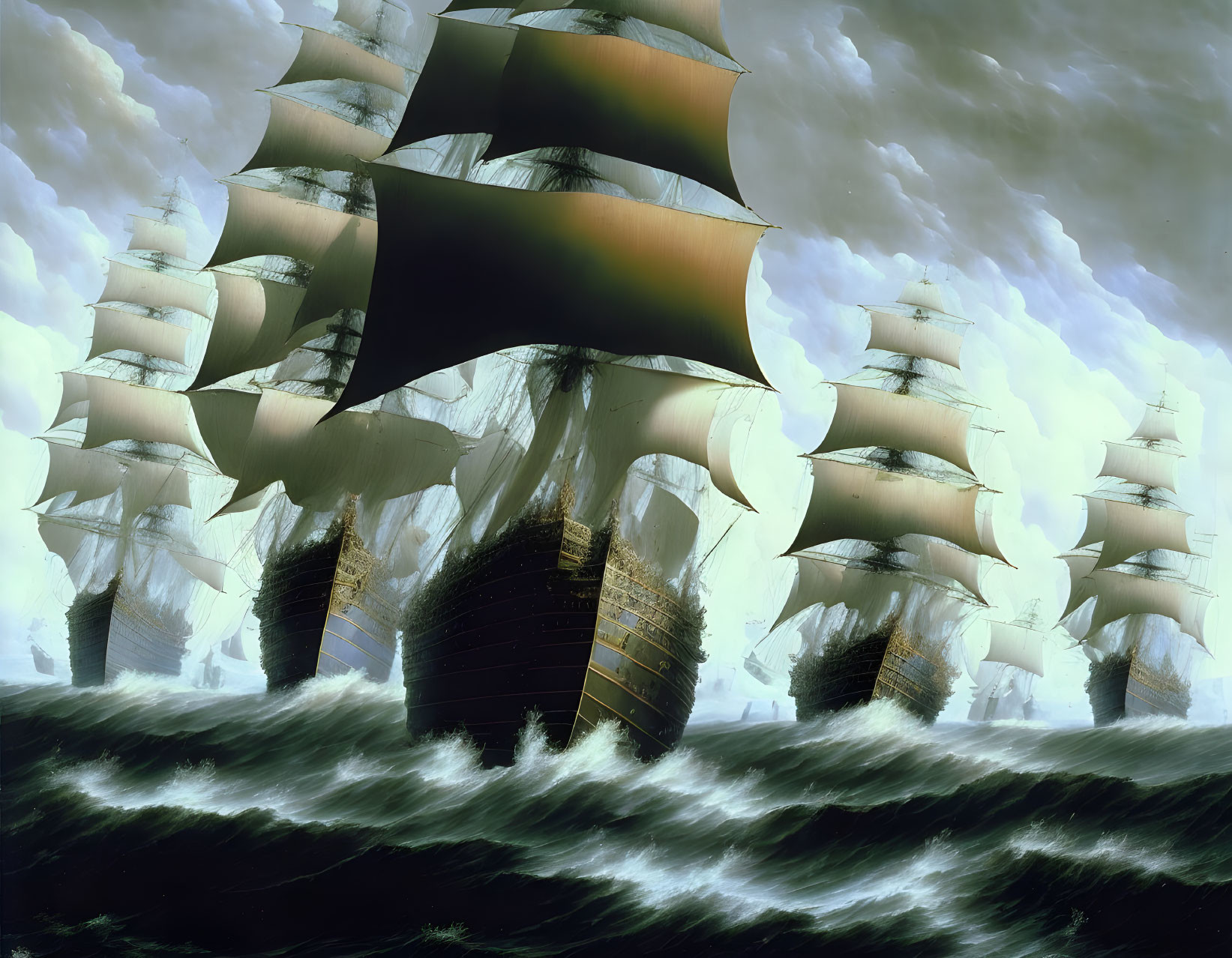 Clipper ships with billowing sails in turbulent seas under dark clouds