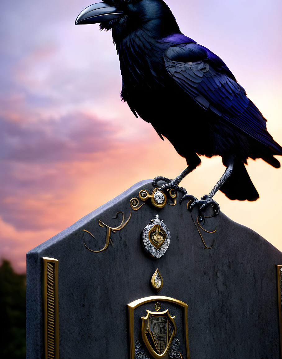 Black raven on ornate headstone against sunset sky