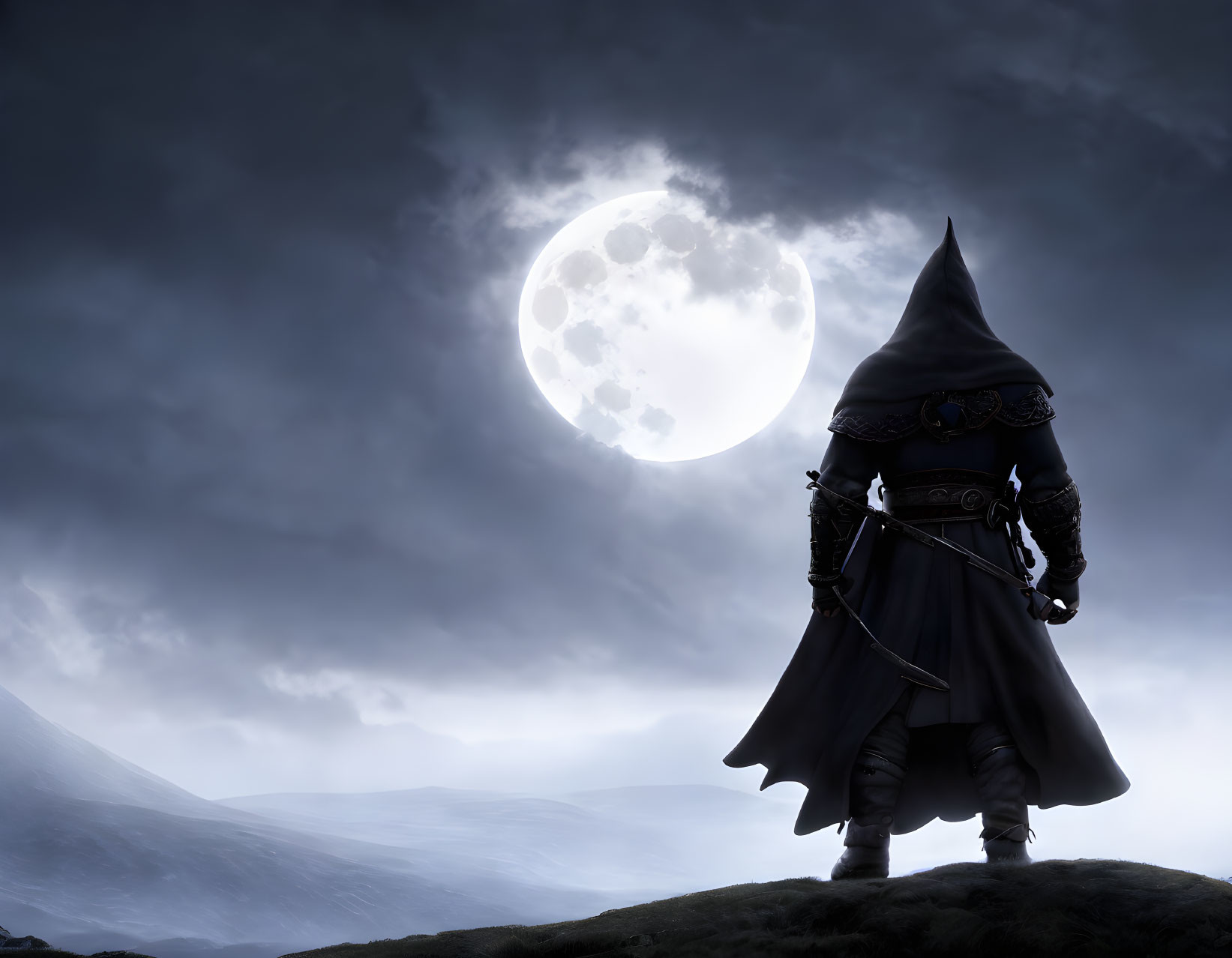 Cloaked figure with sword under full moon on foggy night