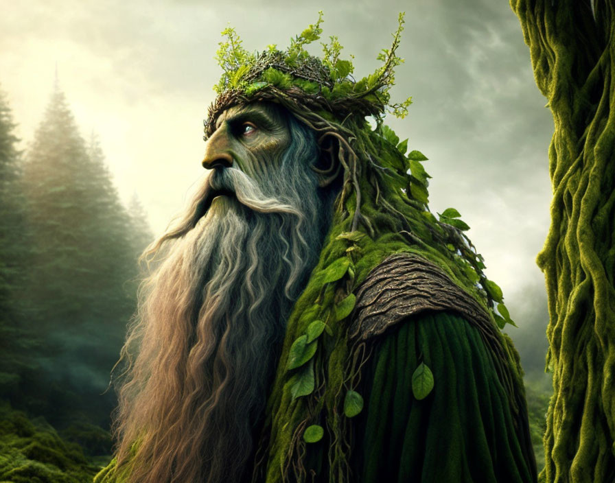 Elderly mythical figure with white beard and leaf crown in forest setting