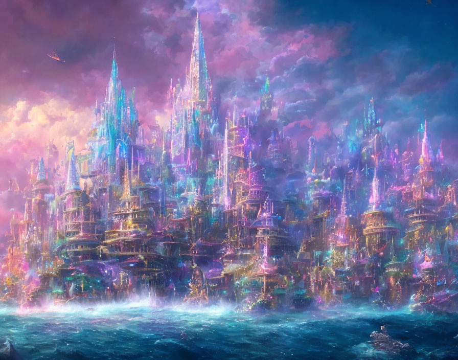 Luminescent cityscape with crystal spires in vibrant sky and shimmering water