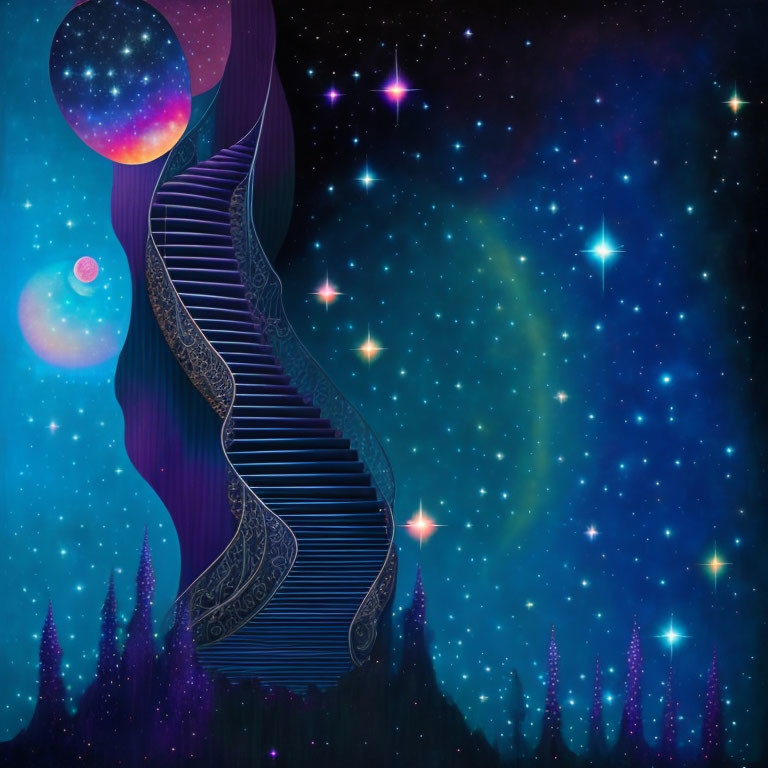 Illustration of spiral staircase in starry night sky