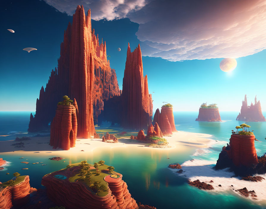 Surreal Red Rock Formations in Lush Island Landscape