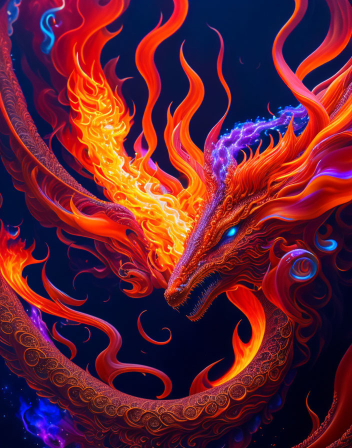 Colorful Dragon Illustration with Blue Eyes on Dark Background