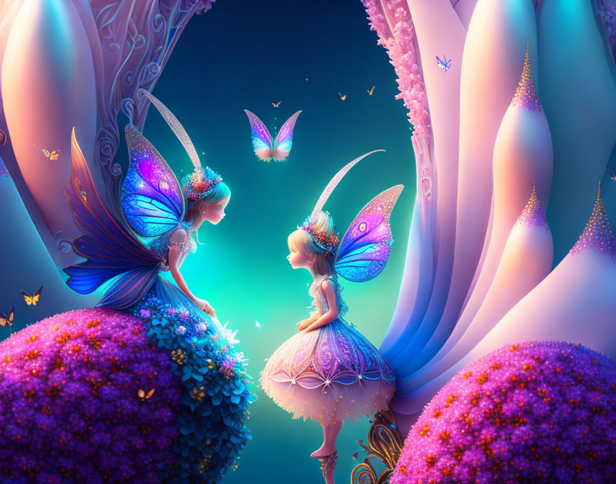 Whimsical fairies with glowing wings in vibrant flower garden