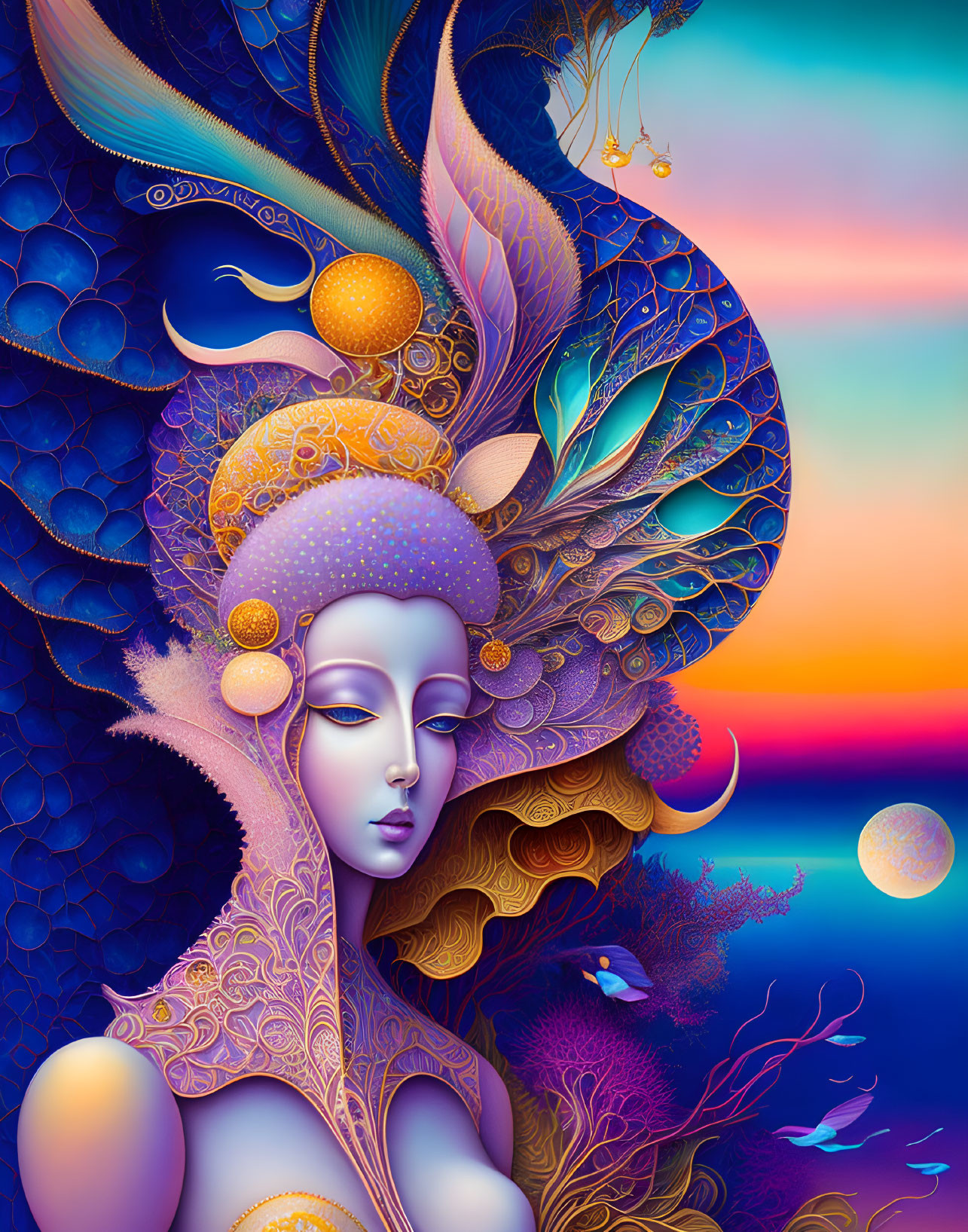 Digital artwork: Woman with peacock features on sunset background