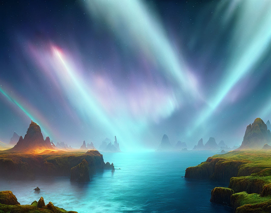 Mystical landscape with vibrant aurora lights over serene coastal scene