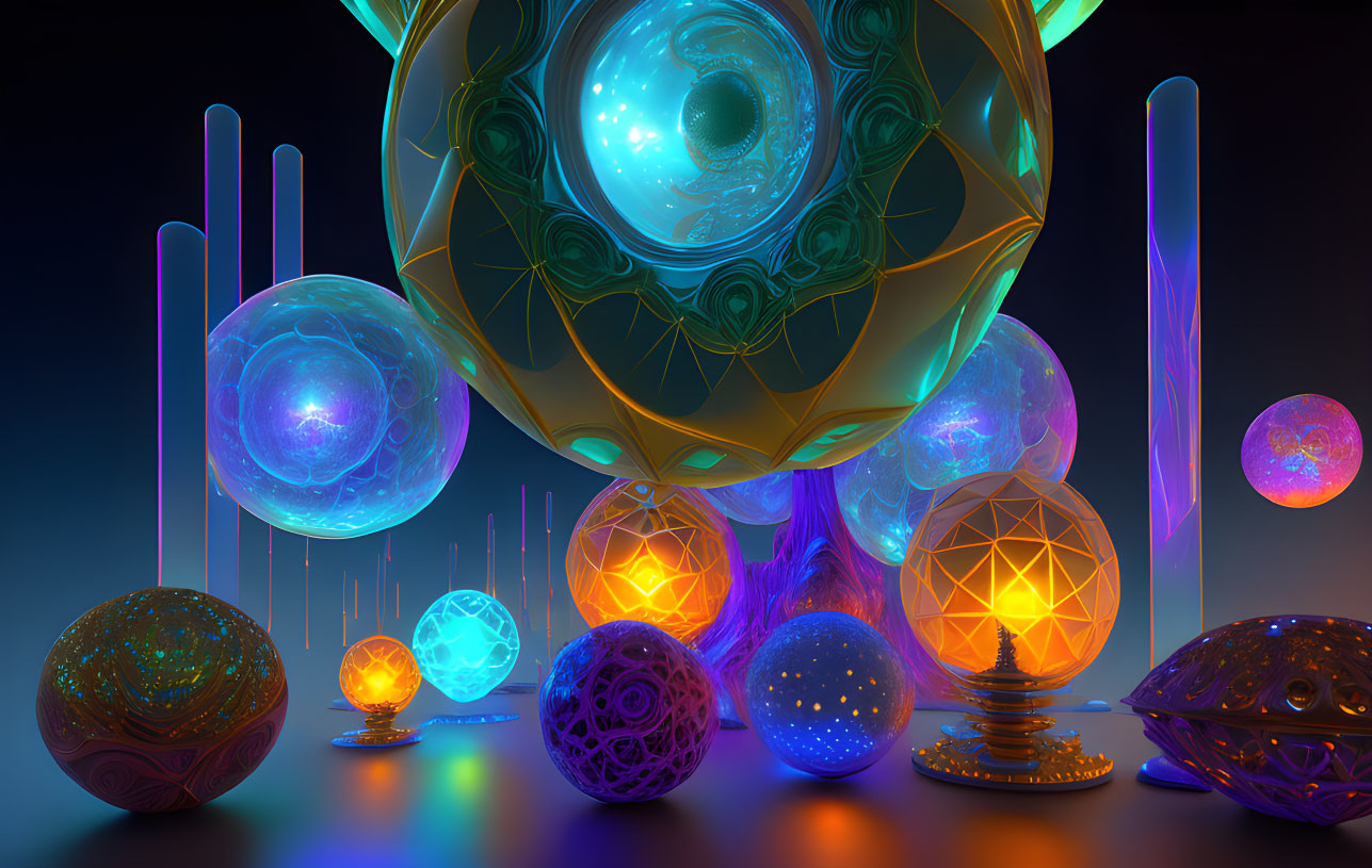 Colorful 3D illustration of glowing orbs and geometric shapes on neon background