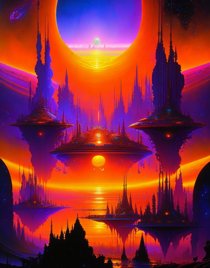 Futuristic sci-fi landscape with floating cities and multiple suns