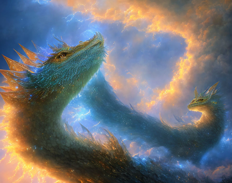 Two majestic dragons in celestial cloudscape.