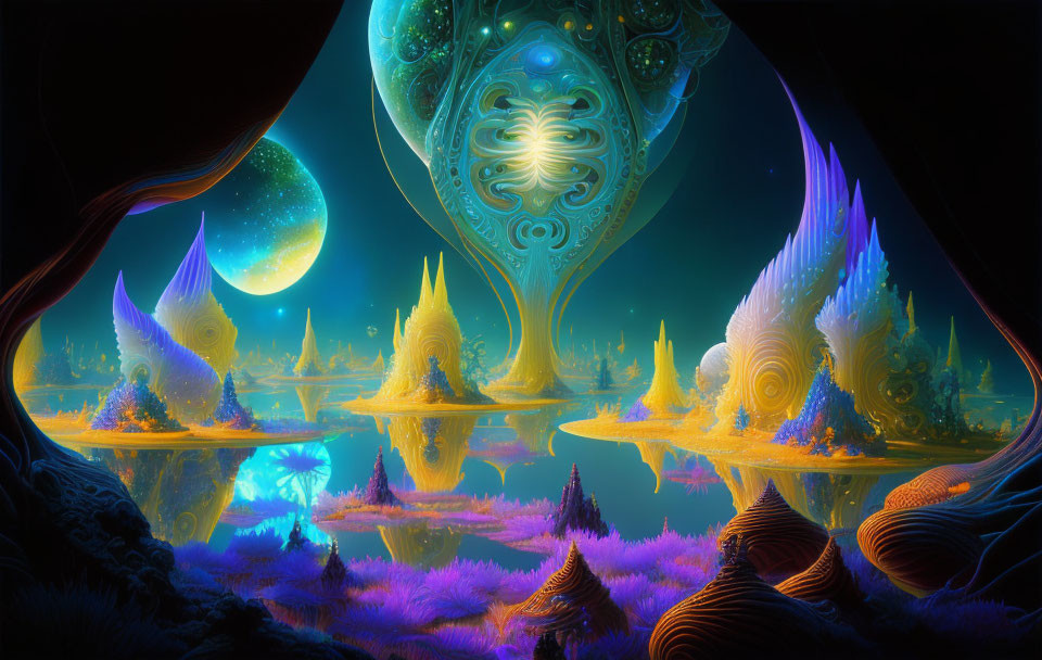 Fantastical landscape with luminous orb and alien flora