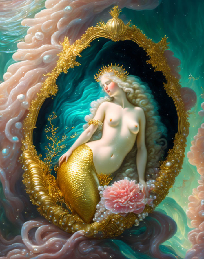 Mermaid in ornate golden frame with swirling water and coral accent
