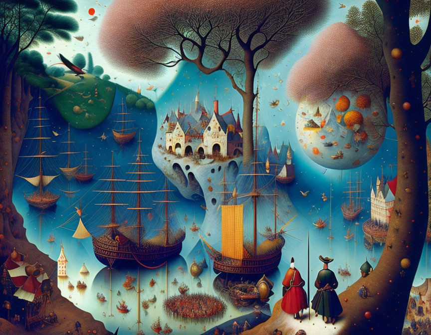 Surreal maritime and whimsical landscape artwork with ships, giant fish, floating islands, and fanc