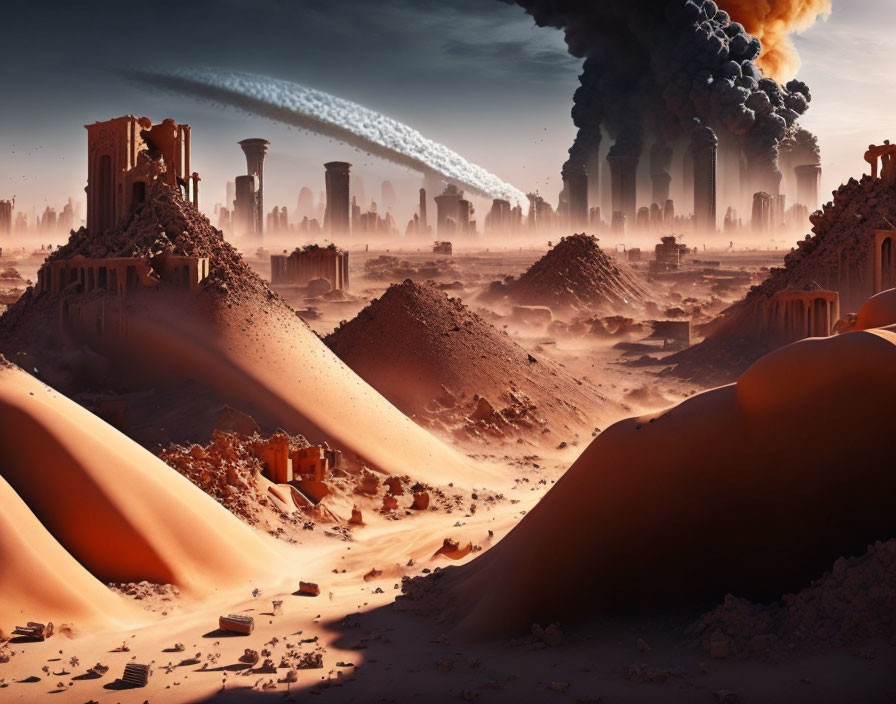 Dystopian desert landscape with ruined buildings and dark smoke plumes