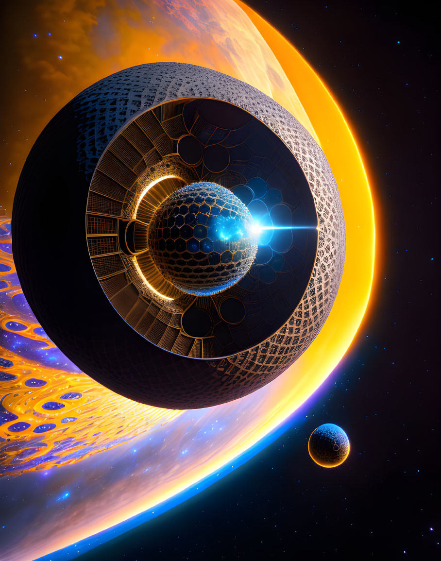 Ornate space station orbits glowing planet with star and celestial body