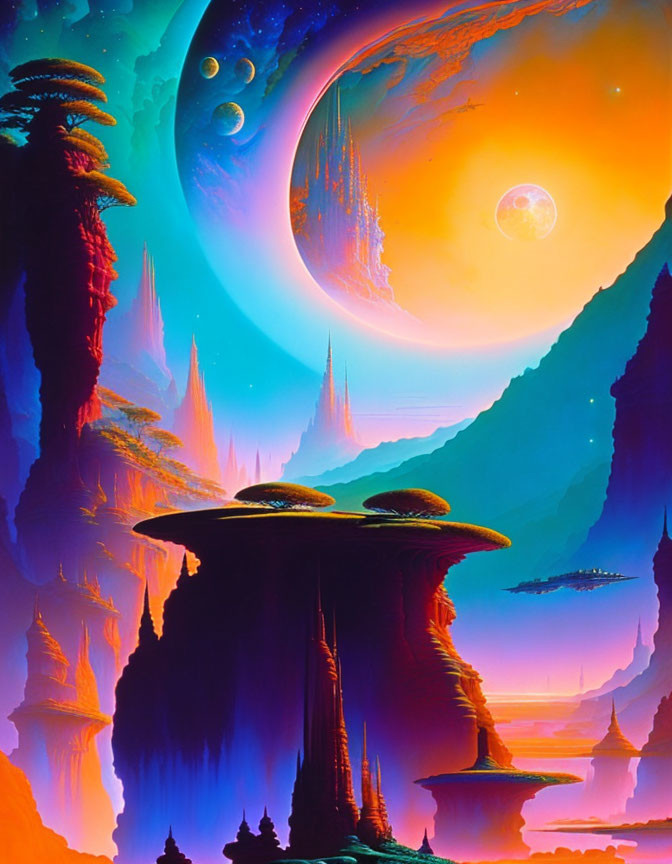 Colorful sci-fi landscape with towering spires, alien flora, and multiple moons.