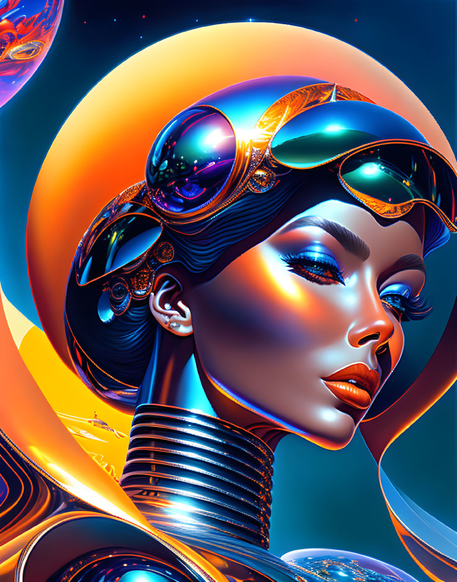 Blue-skinned female figure in orange goggles amidst cosmic swirls.