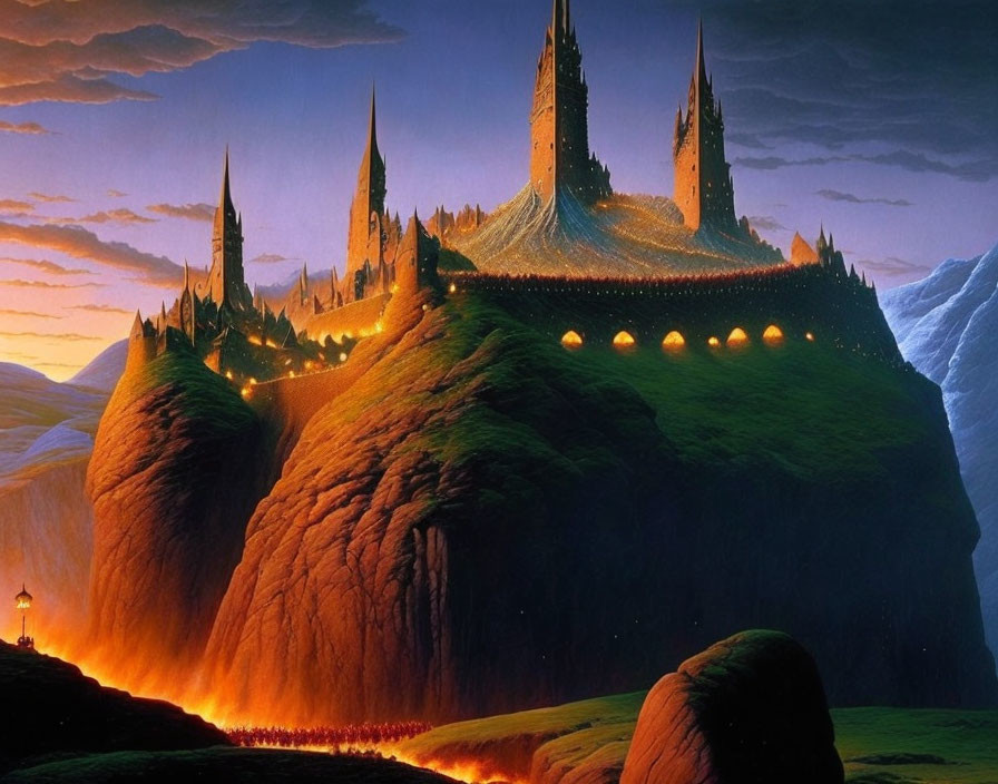 Majestic castle on steep hill with flowing lava under twilight sky