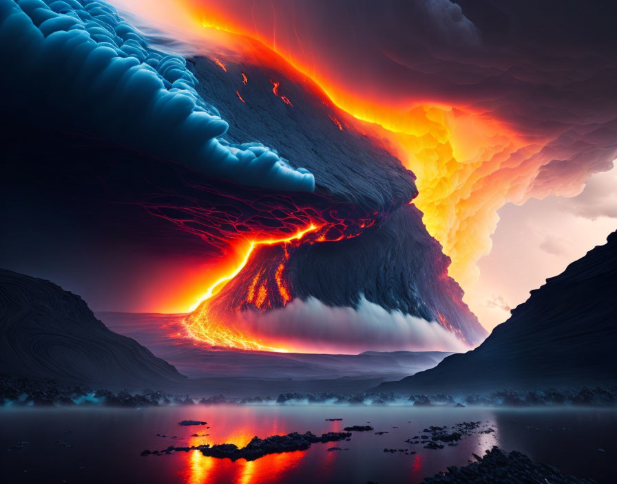 Dramatic volcanic eruption with flowing lava and glowing sky