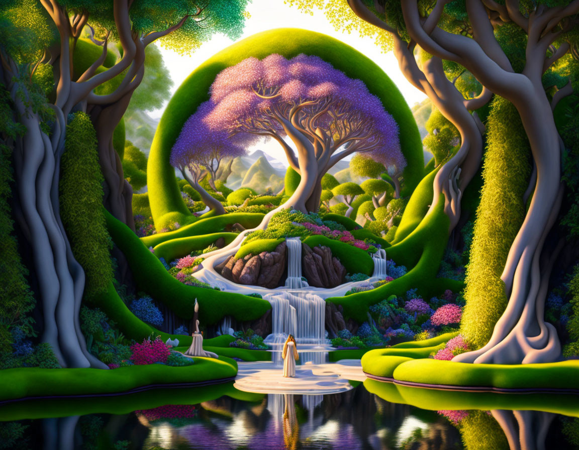 Vibrant mystical forest with waterfall and colorful flora