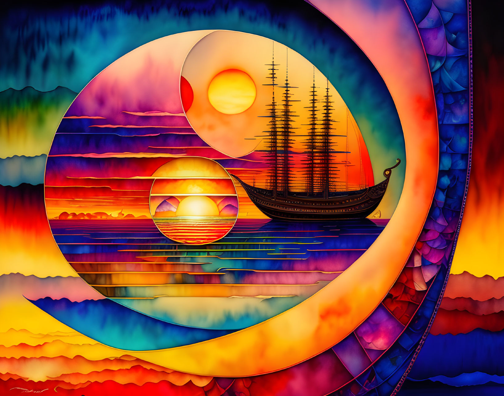 Colorful Psychedelic Artwork: Ship on Water in Circular Patterns