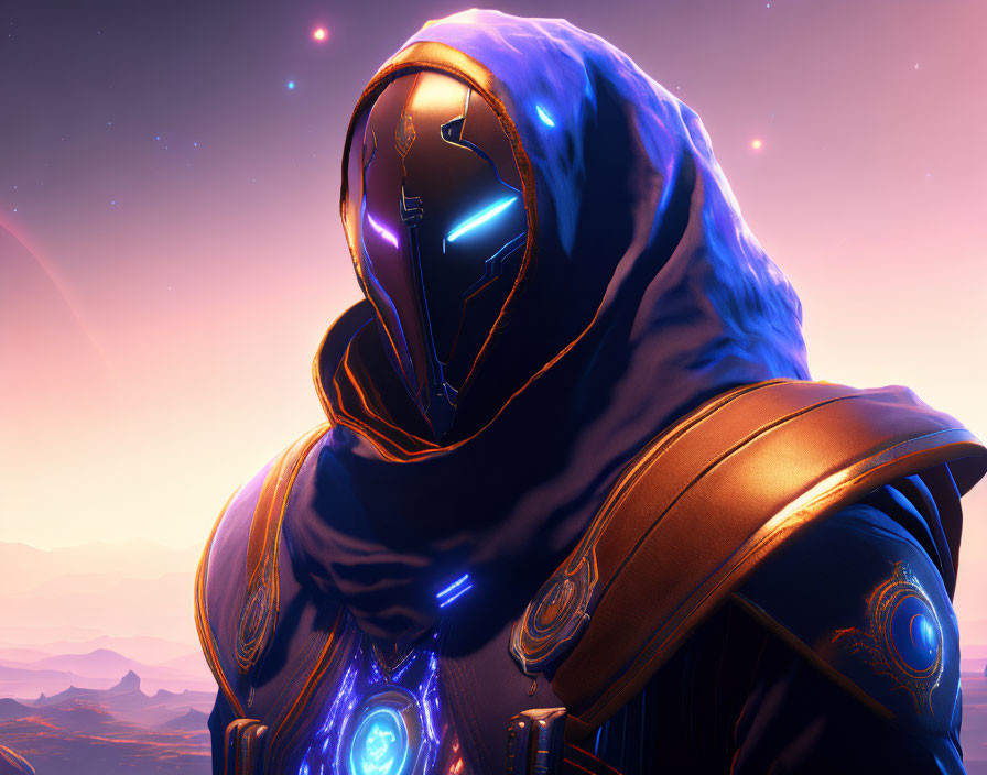 Futuristic figure in blue hooded cloak and armored suit under star-filled sky
