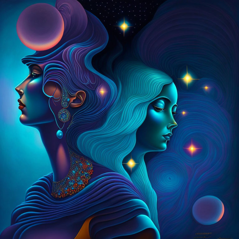 Stylized female faces in profile against cosmic backdrop with vibrant blue and purple hues