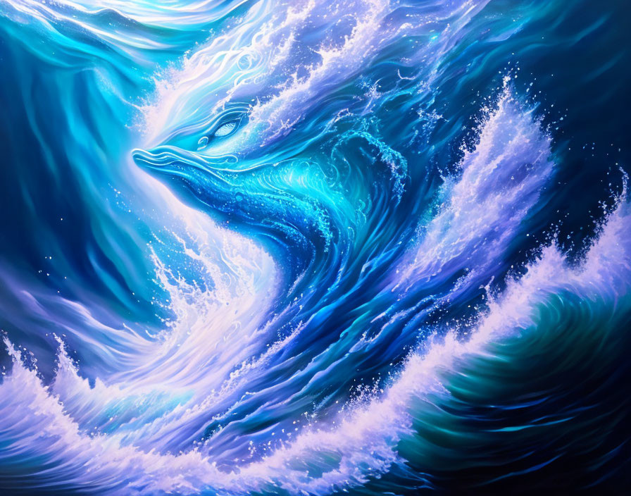 Dynamic Dolphin-Shaped Wave Artwork with Blue and White Swirls
