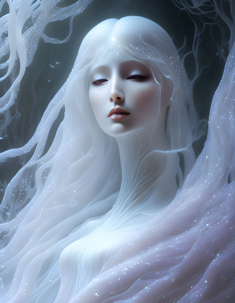 Pallid-skinned woman with white hair in mystical setting.