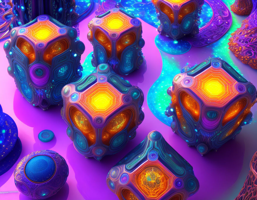 Colorful geometric shapes on purple background with glowing liquid details