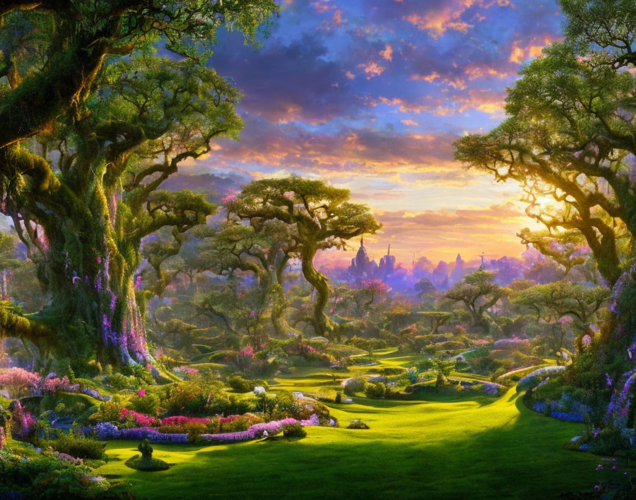 Fantasy landscape with lush greenery, ancient trees, colorful flowers at sunset