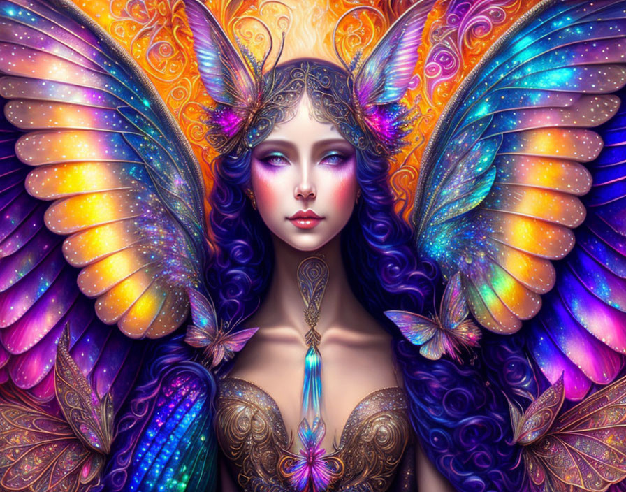 Colorful illustration of mystical female figure with butterfly wings and intricate jewelry