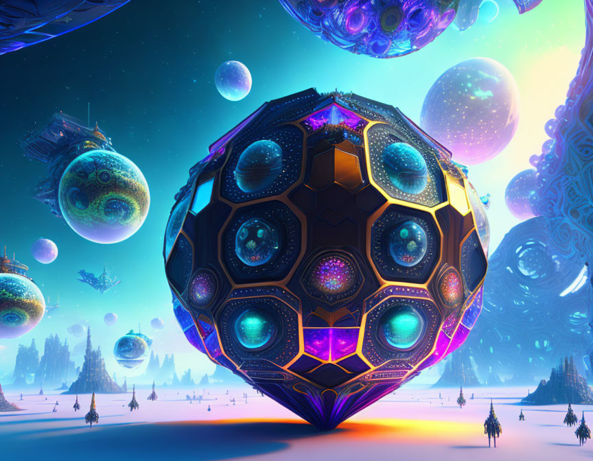 Large intricate sphere hovers over snowy landscape with colorful planets and stars