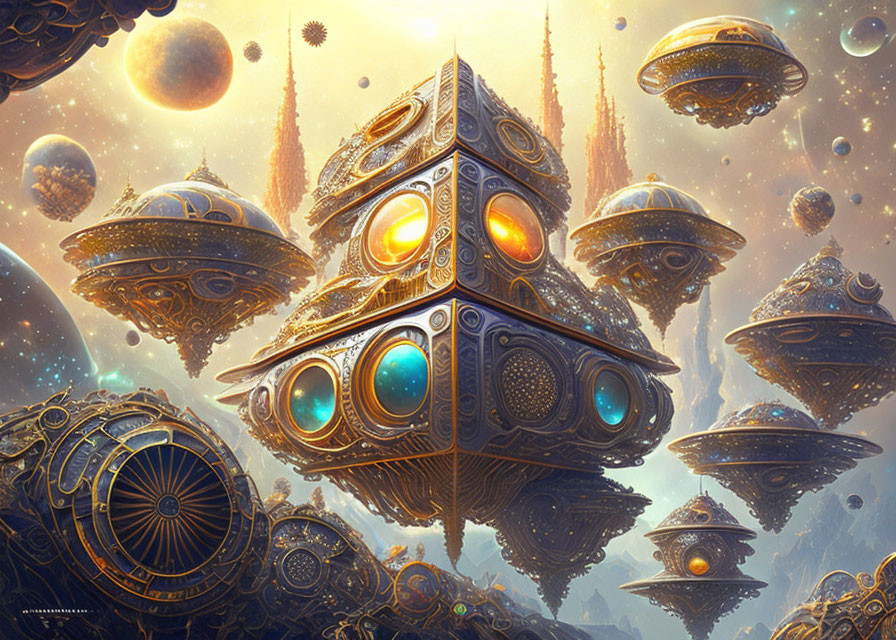 Intricate Fantasy Space Scene with Ornate Floating Structures